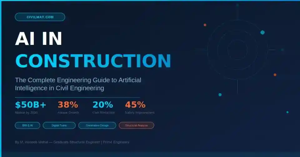 AI-powered construction technology showing machine learning, BIM automation, and digital twin systems